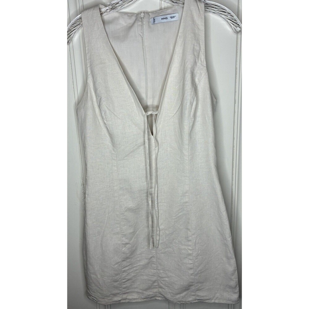 Mango MNG linen blend tie front mini dress deep V-neck sleeveless Sz 4 quiet lux